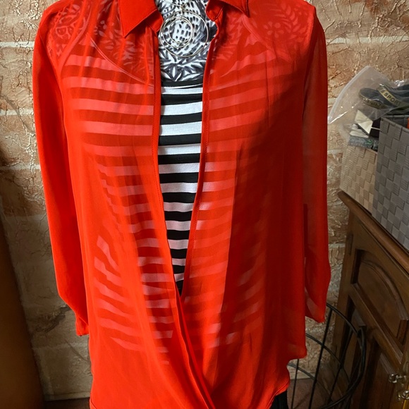 Chic Red Sheer Blouse with attached black and white shell - Picture 1 of 9